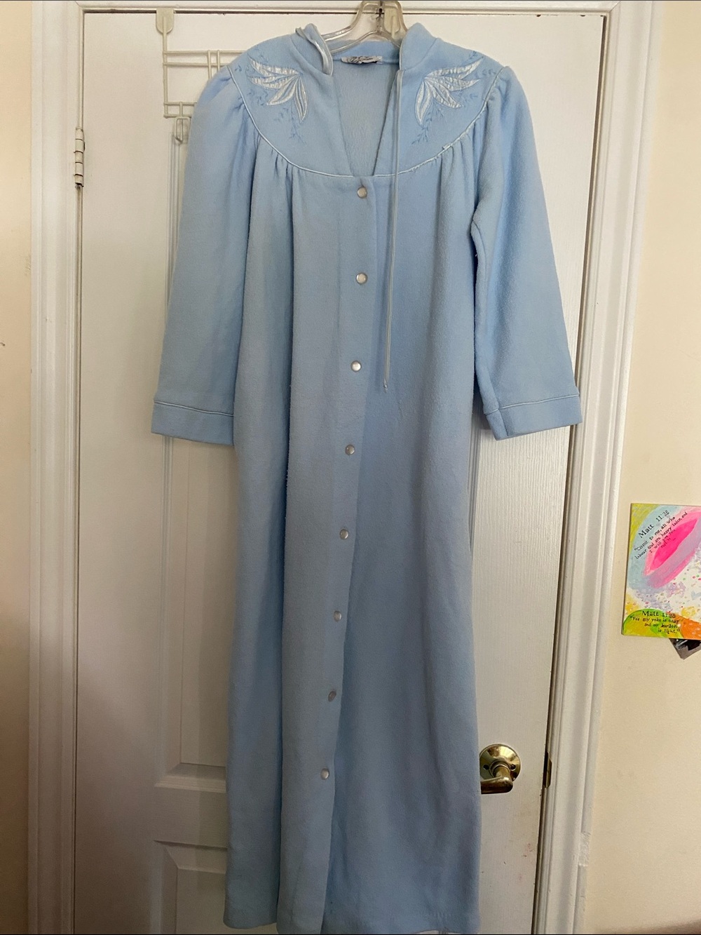 Light Blue Women's Button-Front Night Gown with Embroidered Yoke